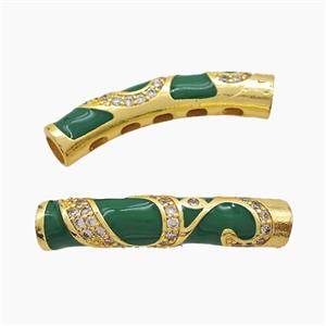 Copper Tube Beads Pave Zirconia Green Enamel Large Hole Curving Gold Plated, approx 7-38mm, 5mm hole [FD23248]