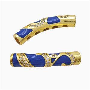 Copper Tube Beads Pave Zirconia Blue Enamel Large Hole Curving Gold Plated, approx 7-38mm, 5mm hole [FD23249]