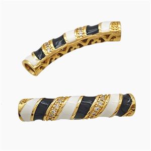 Copper Tube Beads Pave Zirconia White Black Enamel Large Hole Curving Gold Plated, approx 7-38mm, 5mm hole [FD23251]