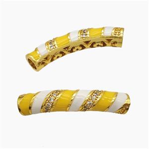 Copper Tube Beads Pave Zirconia White Yellow Enamel Large Hole Curving Gold Plated, approx 7-38mm, 5mm hole [FD23252]