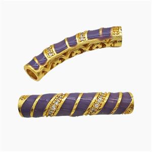 Copper Tube Beads Pave Zirconia Purple Enamel Large Hole Curving Gold Plated, approx 7-38mm, 5mm hole [FD23253]