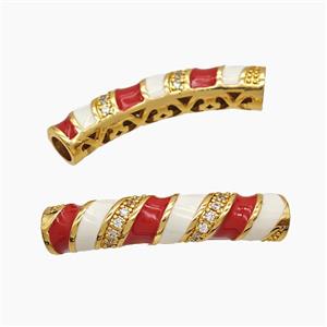 Copper Tube Beads Pave Zirconia White Red Enamel Large Hole Curving Gold Plated, approx 7-38mm, 5mm hole [FD23254]