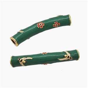 Copper Tube Beads Green Enamel Large Hole Curving Gold Plated, approx 7-42mm, 4mm hole [FD23256]