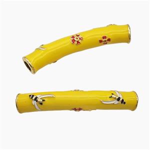 Copper Tube Beads Yellow Enamel Large Hole Curving Gold Plated, approx 7-42mm, 4mm hole [FD23258]