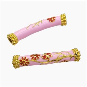 Copper Tube Beads Pink Enamel Large Hole Curving Flower Gold Plated, approx 8-42mm, 4mm hole [FD23259]