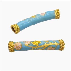 Copper Tube Beads Turqblue Enamel Large Hole Curving Flower Gold Plated, approx 8-42mm, 4mm hole [FD23260]