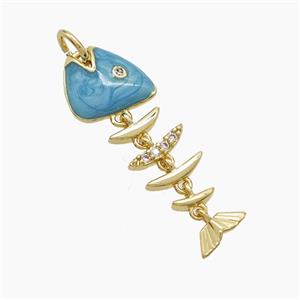 Copper Fishbone Pendant Pave Zirconia Green Enamel Gold Plated, approx 8-27mm [FD23400]