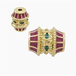 Copper Barrel Beads Pave Zirconia Red Enamel Gold Plated, approx 16-19mm [FD23438]