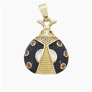 Copper Ladybug Pendant Pave Zirconia Black Enamel Gold Plated, approx 15-19mm [FD23470]