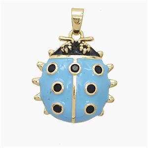 Copper Ladybug Pendant Pave Zirconia Blue Enamel Gold Plated, approx 18mm [FD23484]