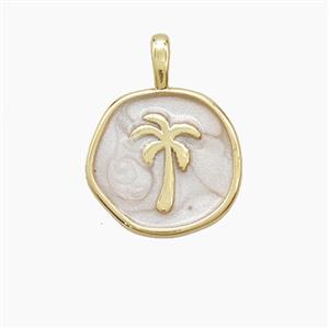 Copper Coconut Tree Pendant Palm White Enamel Circle Gold Plated, approx 14mm [FD23622]