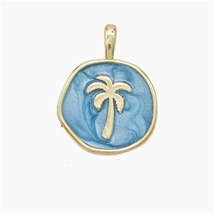 Copper Coconut Tree Pendant Palm Blue Enamel Circle Gold Plated, approx 14mm [FD23623]