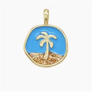 Copper Coconut Tree Pendant Palm Blue Enamel Circle Gold Plated, approx 14mm [FD23624]