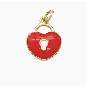 Copper Heart Lock Pendant Red Enamel Gold Plated, approx 12-13mm [FD23648]