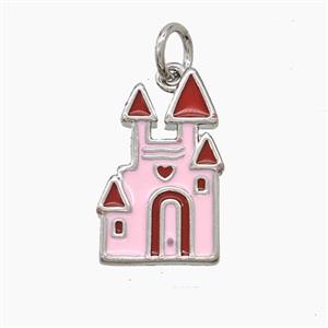Halloween Castle Charms Copper Pendant Pink Red Enamel Platinum Plated, approx 10-17mm [FD23668]