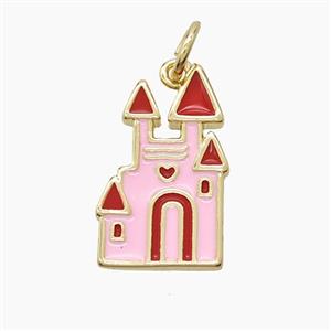 Halloween Castle Charms Copper Pendant Pink Red Enamel Gold Plated, approx 10-17mm [FD23674]