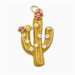 Copper Cactus Pendant Pave Zirconia Yellow Enamel Gold Plated, approx 18-28mm [FD23696]