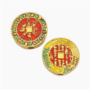 Chinese Style Copper Coin Beads Eight Diagram Red Painted Gold Plated, approx 14mm [FD23805]