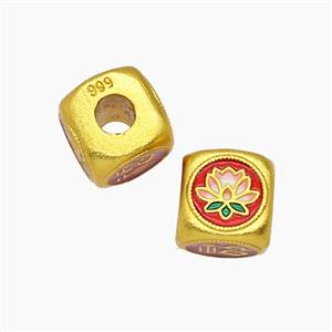 Copper Cube Beads Lotus Flower Painted Gold Plated, approx 9mm, 4mm hole [FD23806]