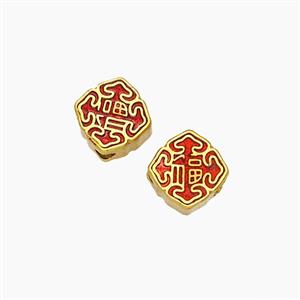 Copper Square Beads Red Painted Chinese Characters FU Gold Plated, approx 7-8mm [FD23820]