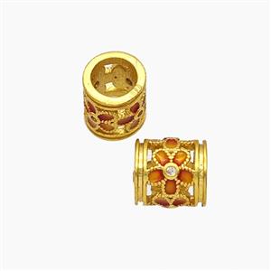 Copper Tube Beads Orange Painted Large Hole Flower Gold Plated, approx 7-8mm, 5mm hole [FD23824]