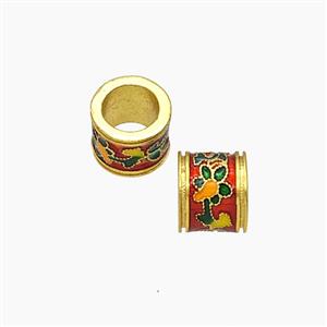 Copper Tube Beads Red Painted Large Hole Flower Gold Plated, approx 7-8mm, 5mm hole [FD23825]