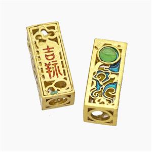 Copper Tube Beads With Chinese Lucky Words Painted Large Hole Gold Plated, approx 7-18mm, 4mm hole [FD23829]