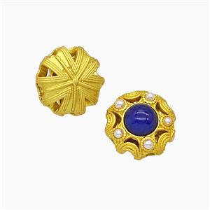Copper Flower Beads Pave Blue Catseye Gold Plated, approx 11mm [FD23831]