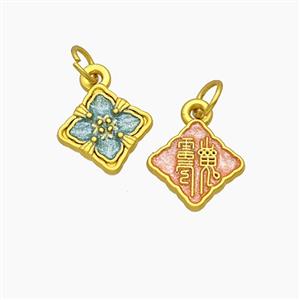 Chinese Style Blessings Charms Copper Square Characters Pendant Painted Gold Plated, approx 9-11mm [FD23838]