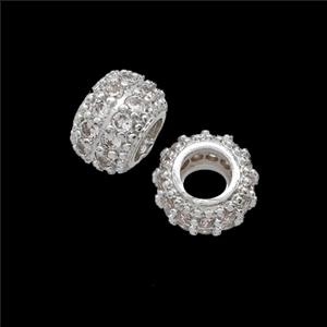 Copper Rondelle Beads Pave Zirconia Shiny Silver, approx 11mm [FD23918]