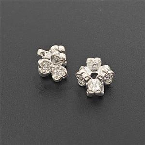 Copper Clover Beads Pave Zirconia Shiny Silver, approx 7.5mm [FD23927]