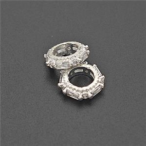 Copper Circle Beads Pave Zirconia Large Hole Shiny Silver, approx 10mm [FD23931]
