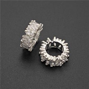 Copper Rondelle Beads Pave Zirconia Large Hole Shiny Silver, approx 11mm [FD23933]