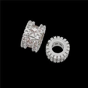 Copper Tube Beads Pave Zirconia Large Hole Shiny Silver, approx 8mm, 4mm hole [FD23968-8MM]