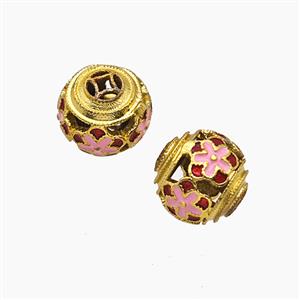 Copper Round Flower Beads Enamel Hollow Gold Plated, approx 10mm dia [FD23997]