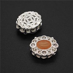 Copper Oval Beads Pave Catseye Shiny Silver, approx 10-12.5mm [FD24003]