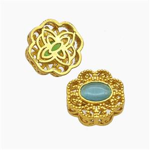 Copper Flower Beads Pave Catseye Gold Plated, approx 13-14mm [FD24041]