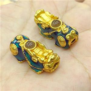 Copper Pixiu Beads Pave Crystal Enamel Large Hole Matte Gold, approx 13-28mm, 3mm hole [FD24086]