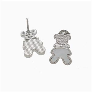 Copper Bear Stud Earrings Pave Zirconia Shell Platinum Plated, approx 9-12mm [FD24141]