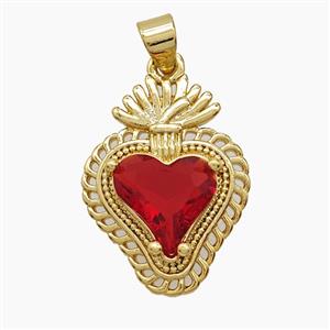 Copper Sacred Heart Pendant Pave Red Crystal Glass 18K Gold Plated, approx 17-22mm [FD24260]
