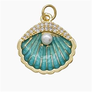 Copper Scallop Shell Pendant Pave Zirconia Resin Green Enamel 18K Gold Plated, approx 16-18mm [FD24362]