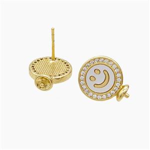 Copper Emoji Stud Earrings Pave Shell Smileface 18K Gold Plated, approx 12mm [FD24371]