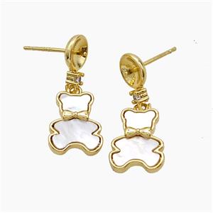 Copper Bear Stud Earrings Pave Shell 18K Gold Plated, approx 10-13mm, 7mm [FD24374]