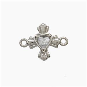 Copper Cross Heart Connector Pave Zirconia Platinum Plated, approx 11-12mm [FD24397]