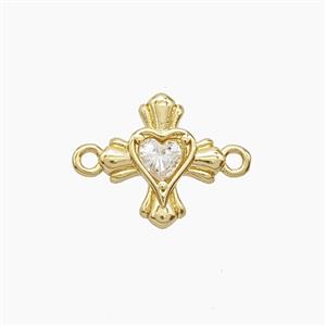 Copper Cross Heart Connector Pave Zirconia Gold Plated, approx 11-12mm [FD24398]