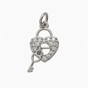 Copper Heart Lock And Key Pendant Pave Zirconia Platinum Plated, approx 9-11mm [FD24443]