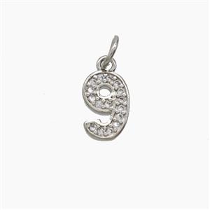 Copper Number-9 Pendant Pave Zirconia Nine Platinum Plated, approx 4-10mm [FD24491]