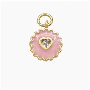 Copper Heart Flower Pendant Pave Zirconia Pink Enamel Gold Plated, approx 10mm [FD24514]