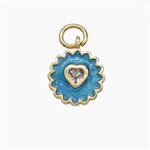 Copper Heart Flower Pendant Pave Zirconia Teal Enamel Gold Plated, approx 10mm [FD24515]