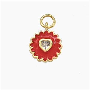 Copper Heart Flower Pendant Pave Zirconia Red Enamel Gold Plated, approx 10mm [FD24516]